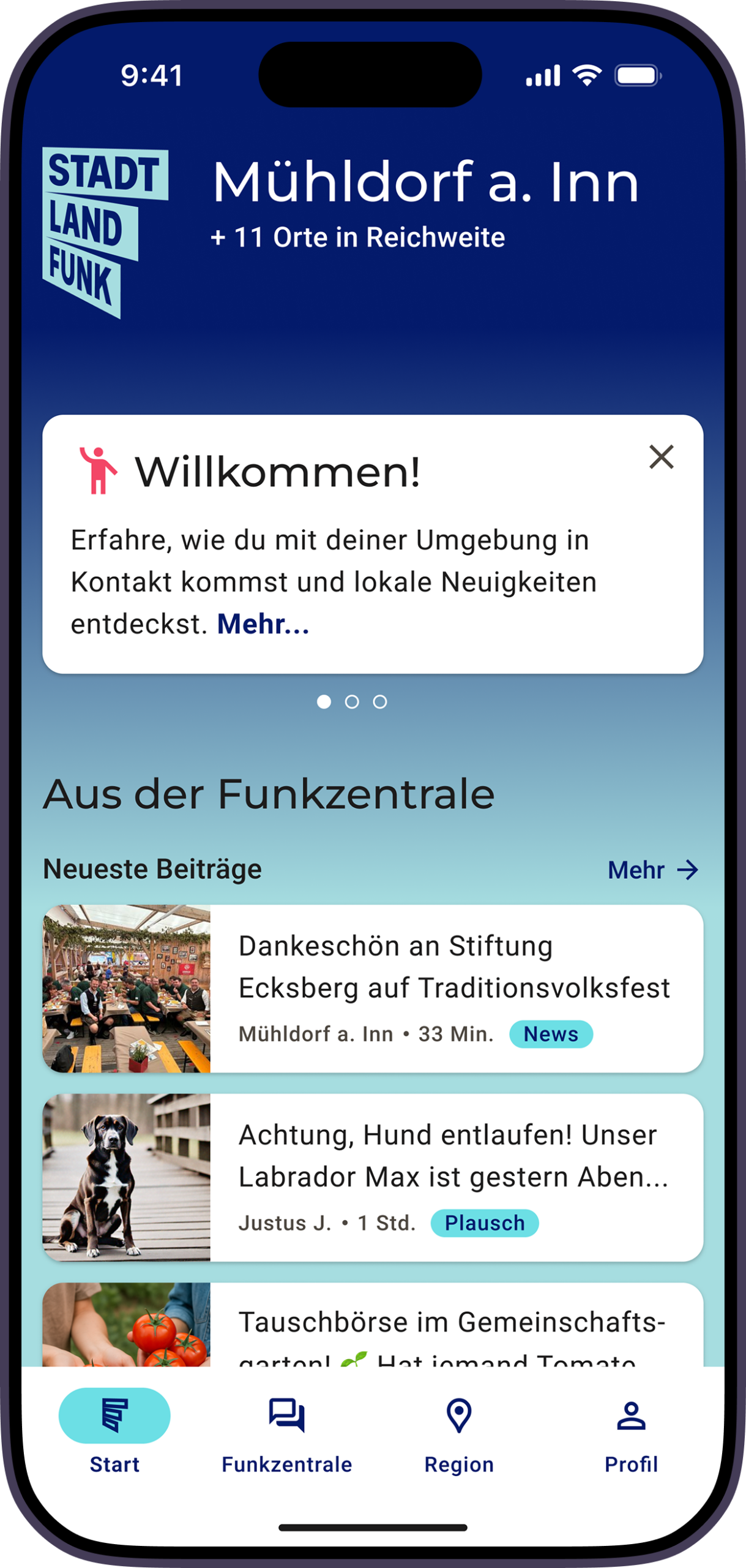 Startseite der App zeigt Willkommensbotschaft und neueste Beiträge.
